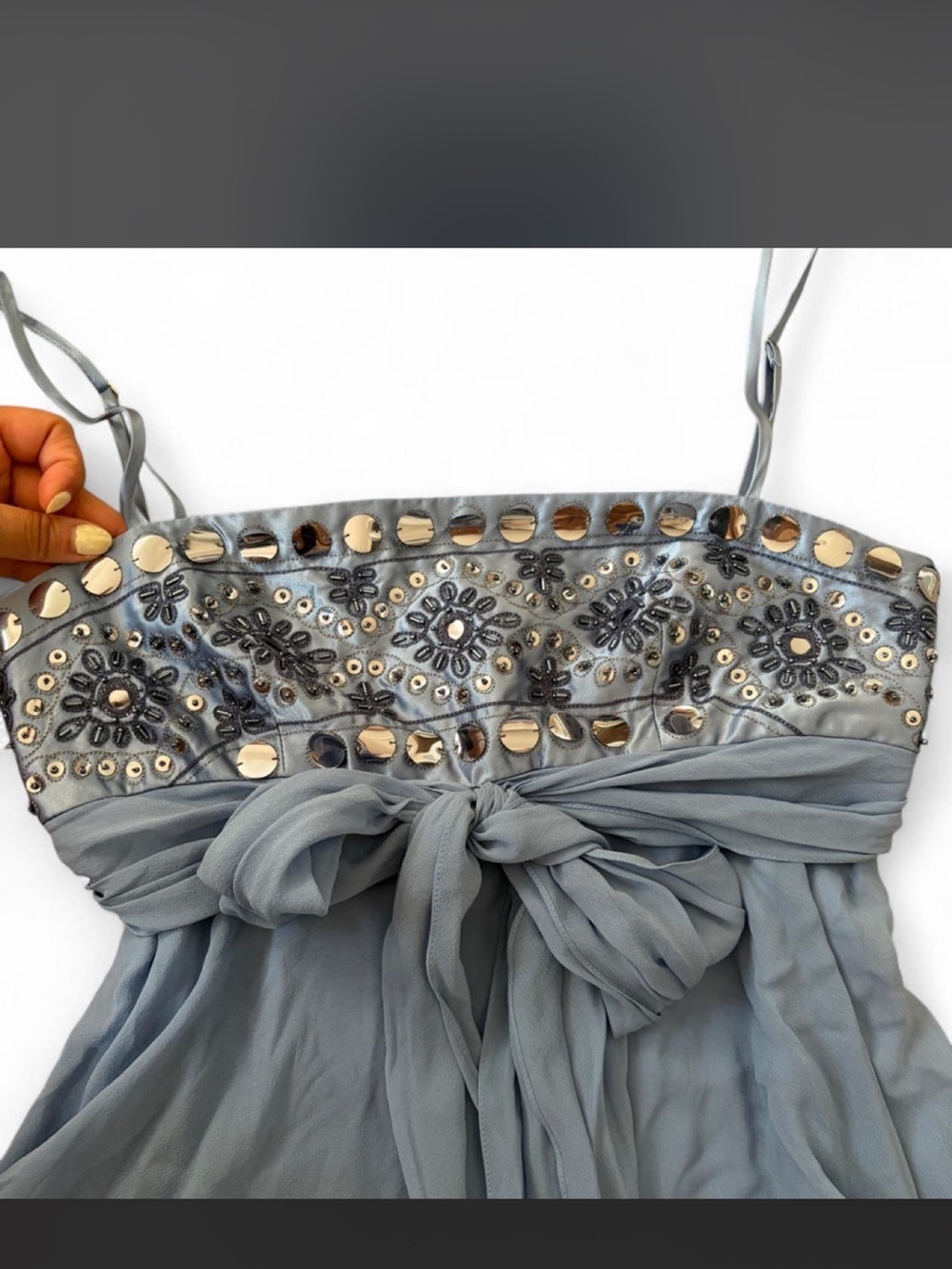 BCBGMaxAzria Dusty Blue Embellished Spaghetti-Strap Silk Dress - Picture 2 of 5